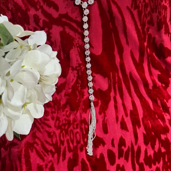 Silver Tone Clear Rhinestone Pendant Necklace with Tassle - Picture 13 of 16